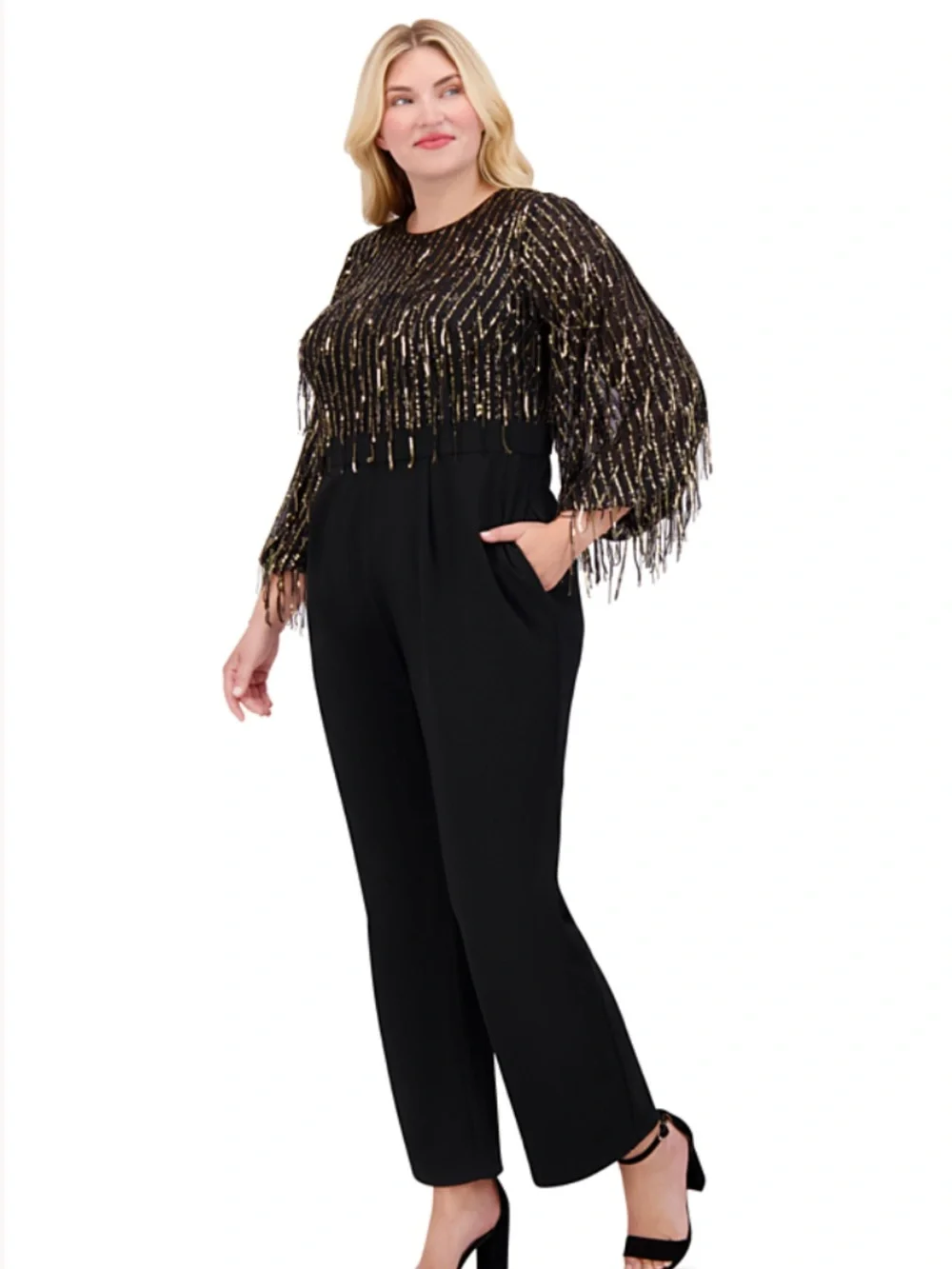 🖤✨ Eliza J Sequin Fringe Straight-Leg Jumpsuit Dress Sequin Size 18W NWT